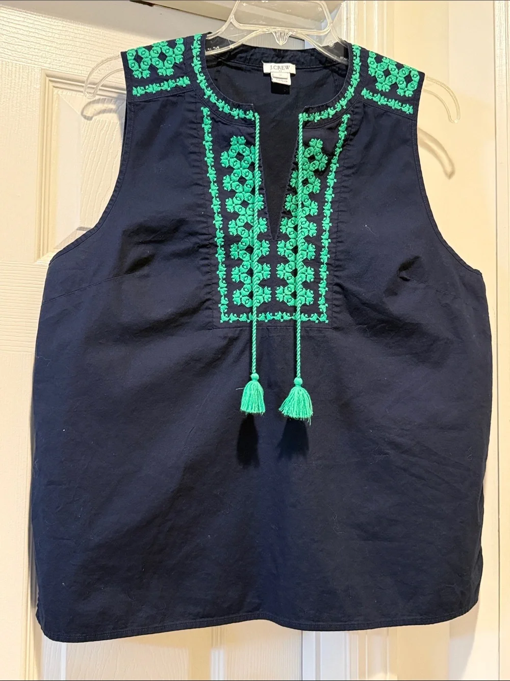 J. Crew Navy Tank Green Embroidered Front & Tassels Autumn Nautical Luncheon 10
